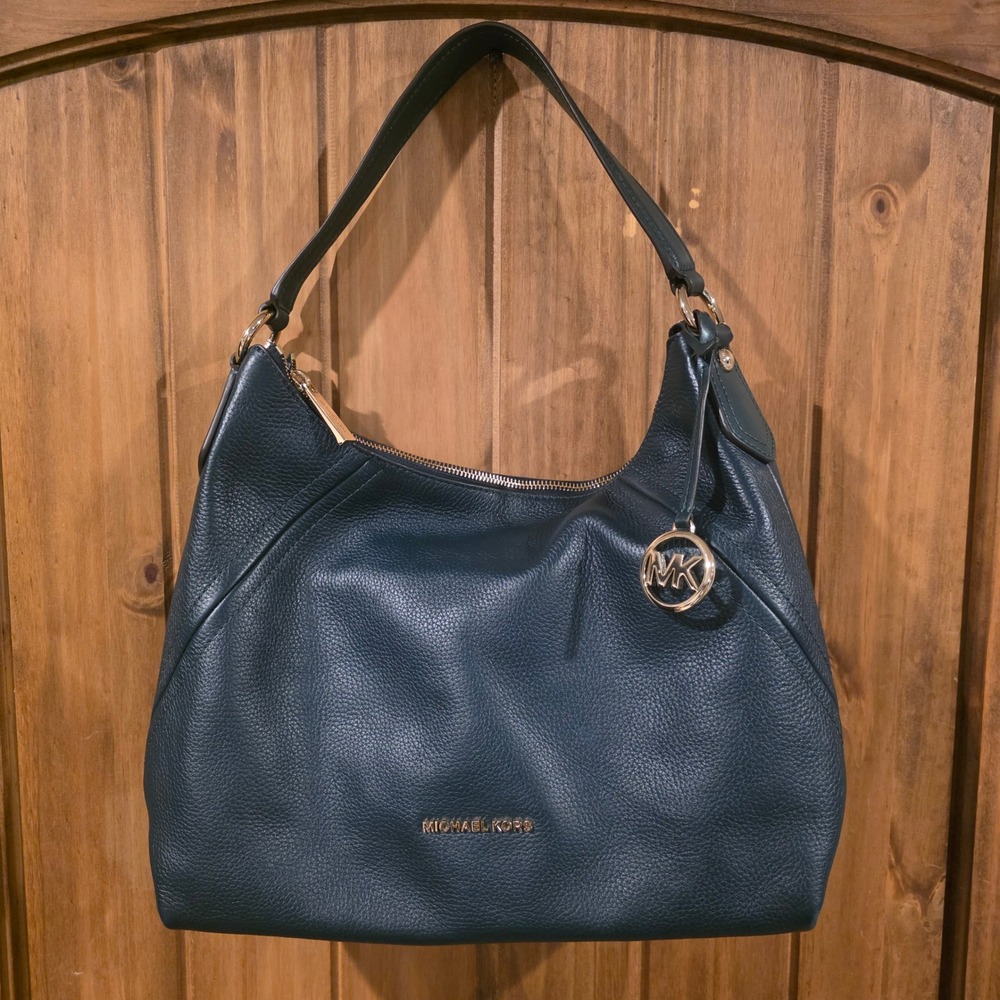 Michael Kors Hobo Bag Women Large Teal Green Excellent Pebbled Leather Gold Logo